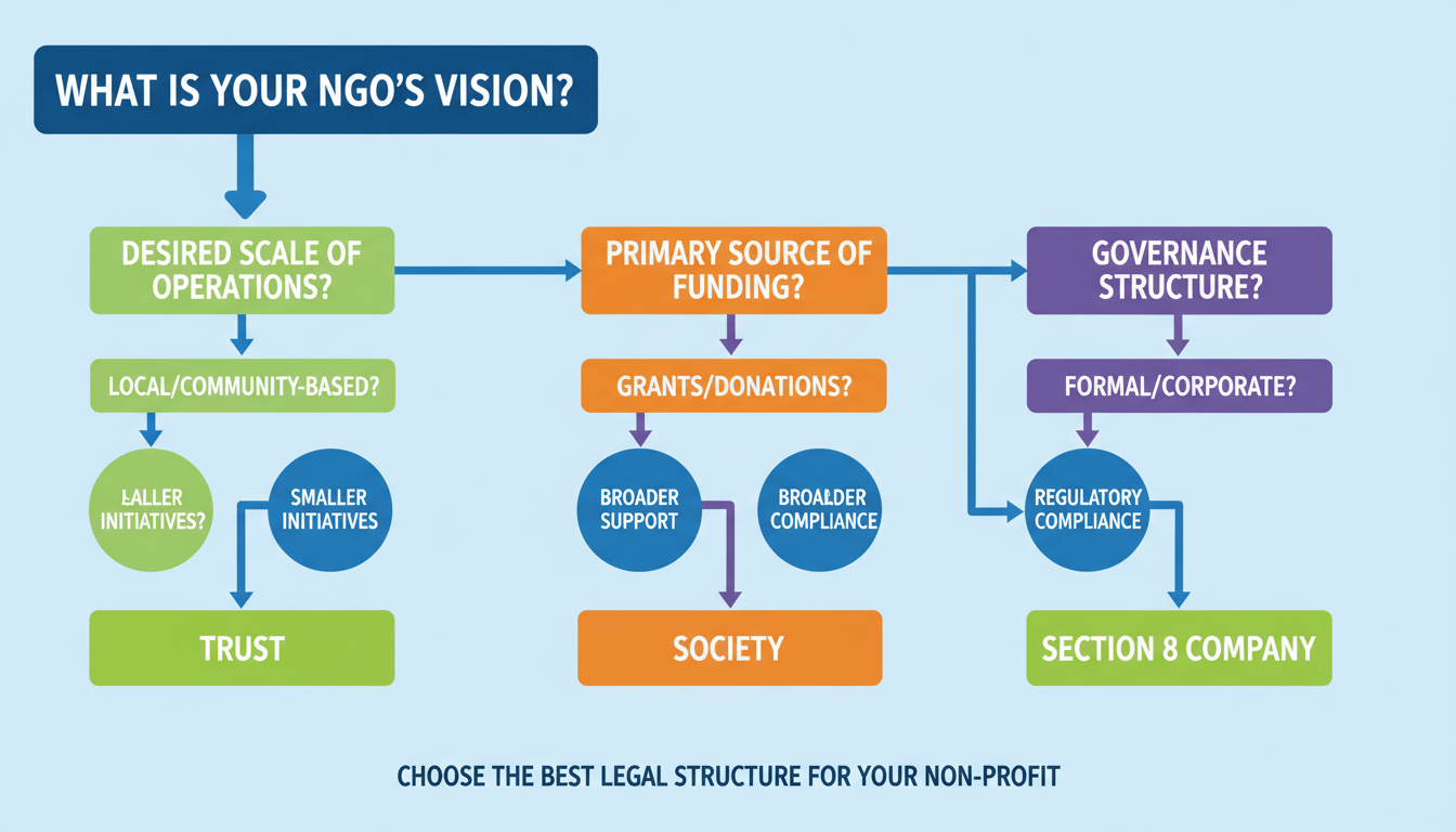 Section 8 Company vs Trust vs Society in 2026: Which is Best? 2 Section 8 Company vs Trust vs Society - An educational infographic designed as a decision tree. Starts with "What is your NGO's vision?" and branches out with questions about scale, funding, and governance, leading to a final recommendation of Trust, Society, or Section 8 Company.