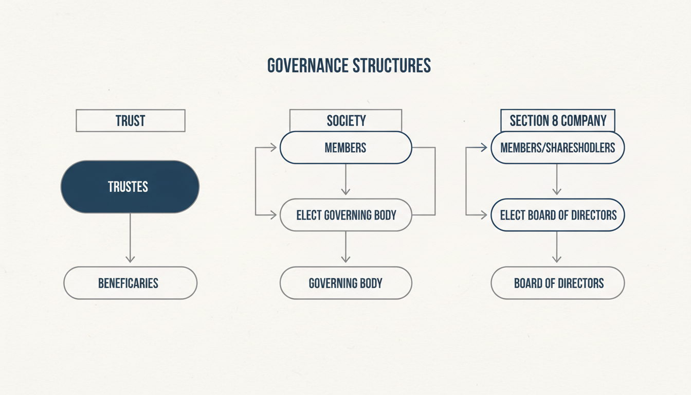 Section 8 Company vs Trust vs Society in 2026: Which is Best? 1 Section 8 Company vs Trust vs Society - A professional minimalist flowchart showing the governance structures of a Trust (Trustees -> Beneficiaries), a Society (Members -> Elect Governing Body), and a Section 8 Company (Members/Shareholders -> Elect Board of Directors).