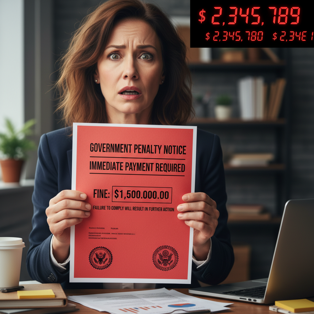 Stressed business owner holding an official penalty notice.