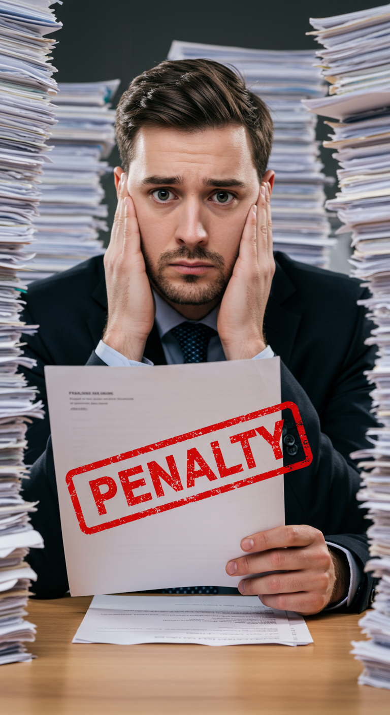 A stressed entrepreneur receiving a penalty notice for compliance failure.
