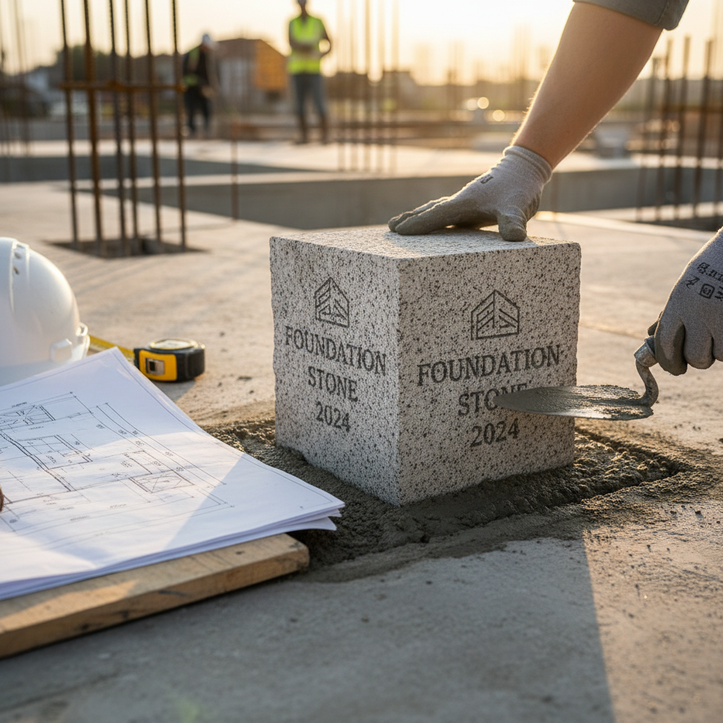 Hands carefully placing the first brick of a building's foundation.