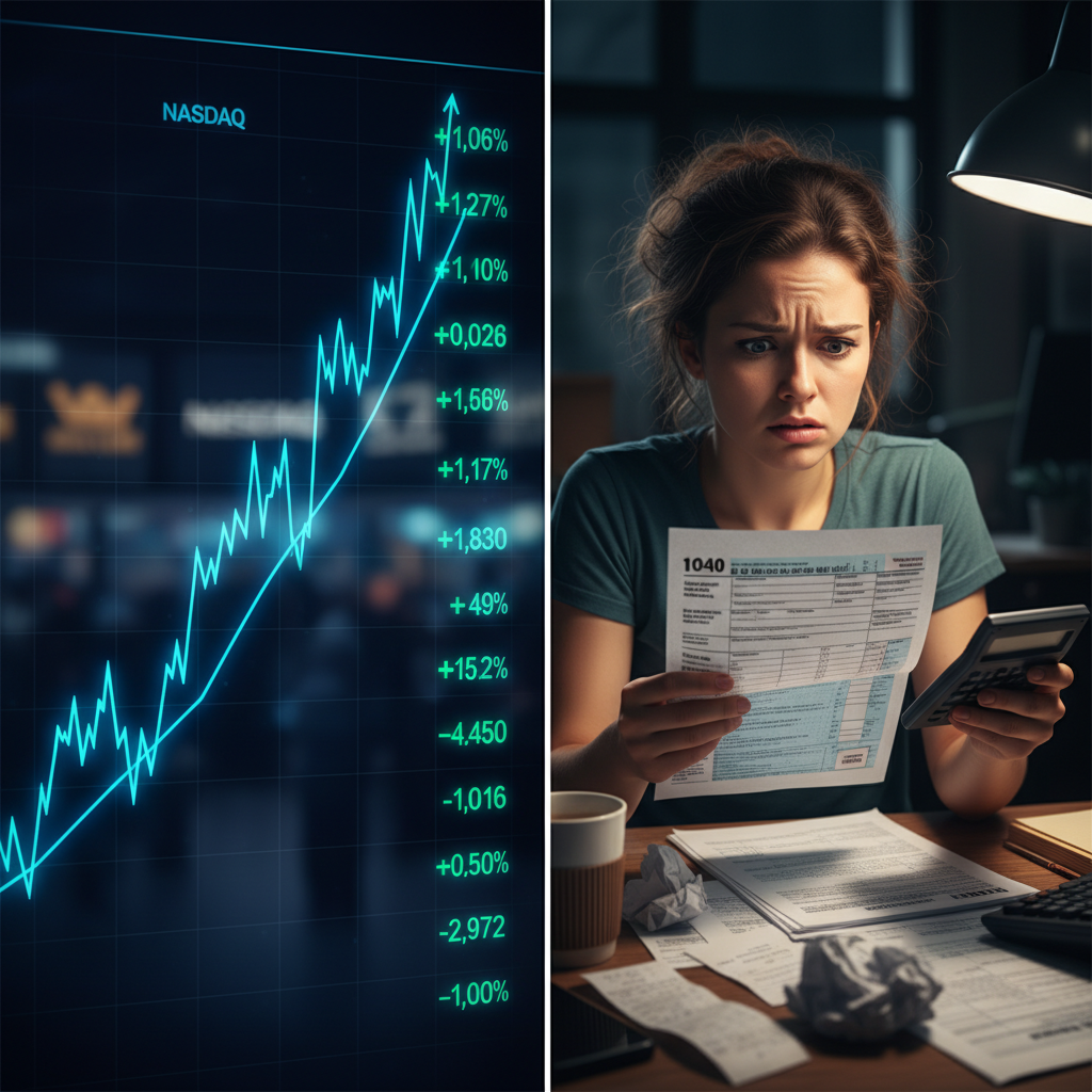 A person looking at a rising stock chart on one side and a confusing tax form on the other, representing investment profits and tax worries.