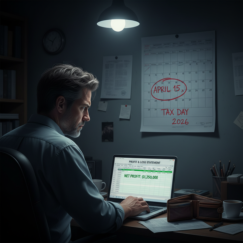 A stressed business owner reviewing a profit and loss statement on a laptop late at night.