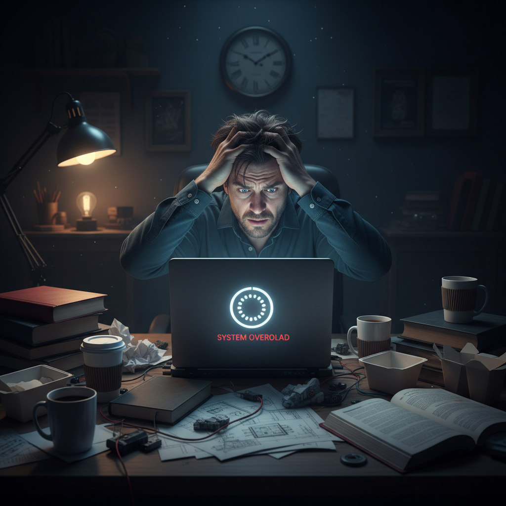 An anxious inventor waiting for an update on their patent application on a laptop.