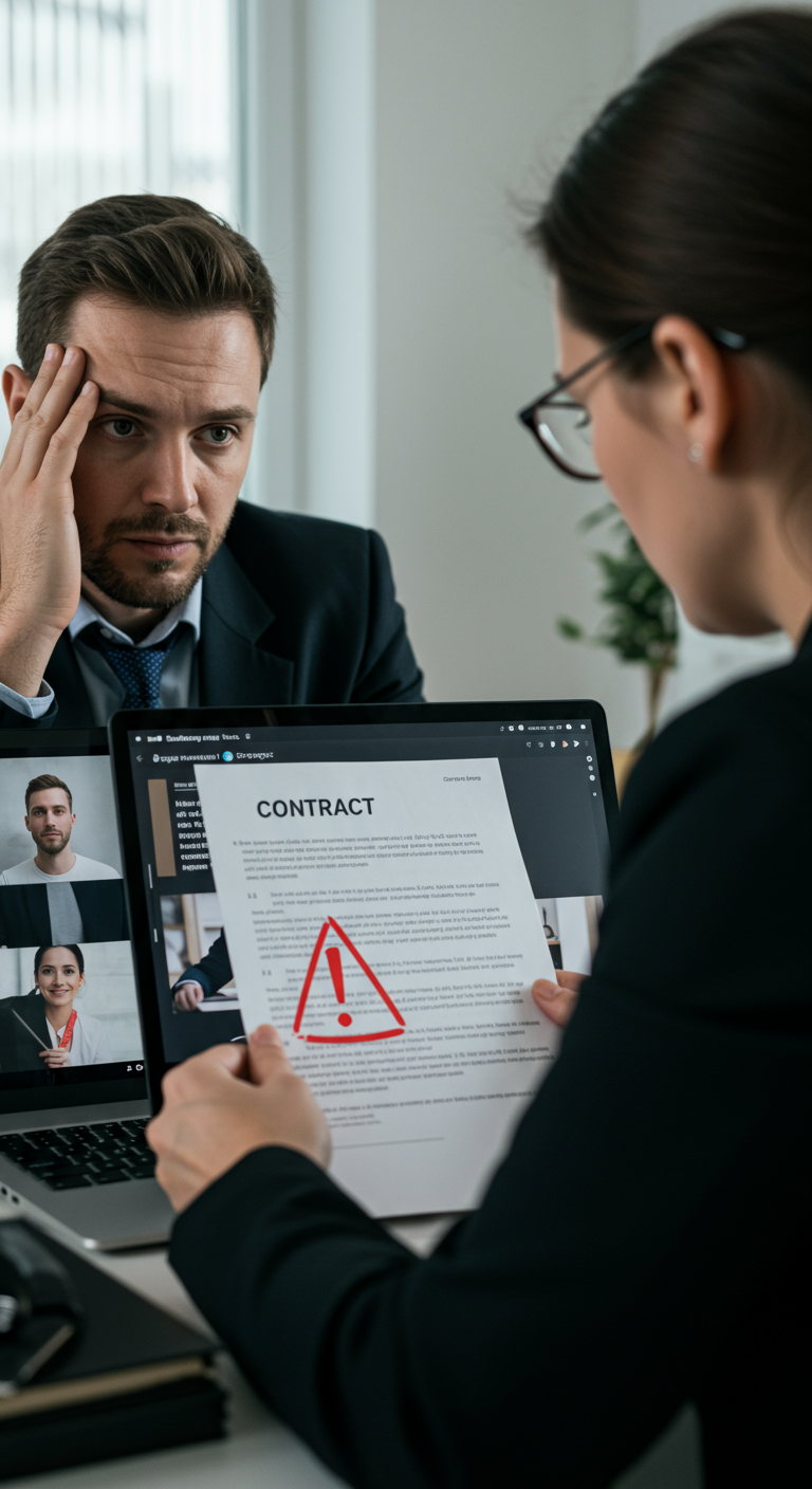 Frustrated executive points at a contract on a laptop screen during a video meeting, highlighting a problem.