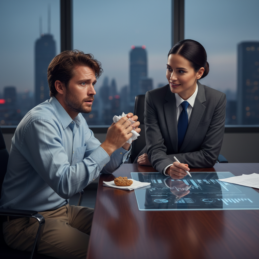 Nervous entrepreneur being questioned by a confident investor in a meeting.