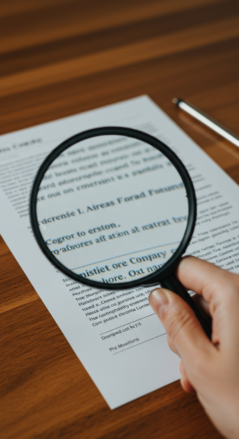 A magnifying glass inspecting the company name on a business contract.