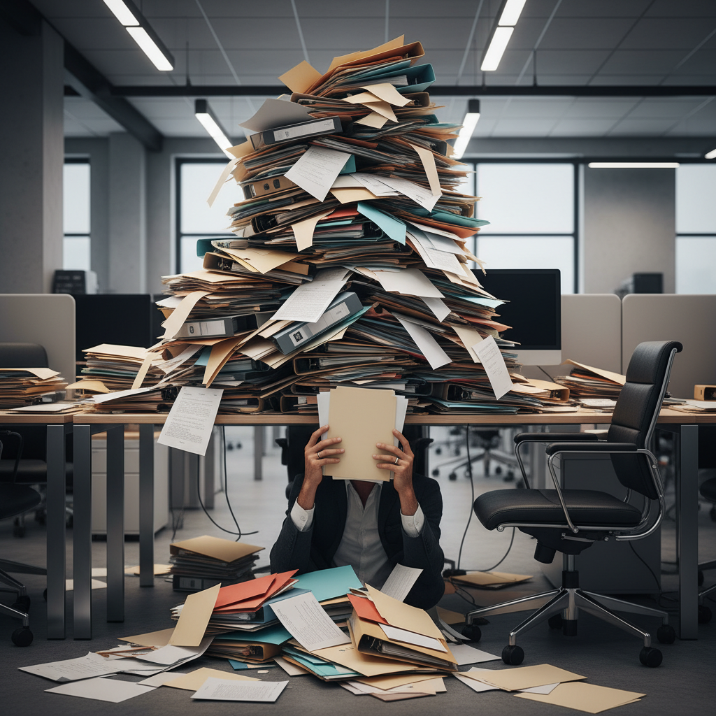 A desk overflowing with a huge stack of paper, symbolizing wasted time and clutter.