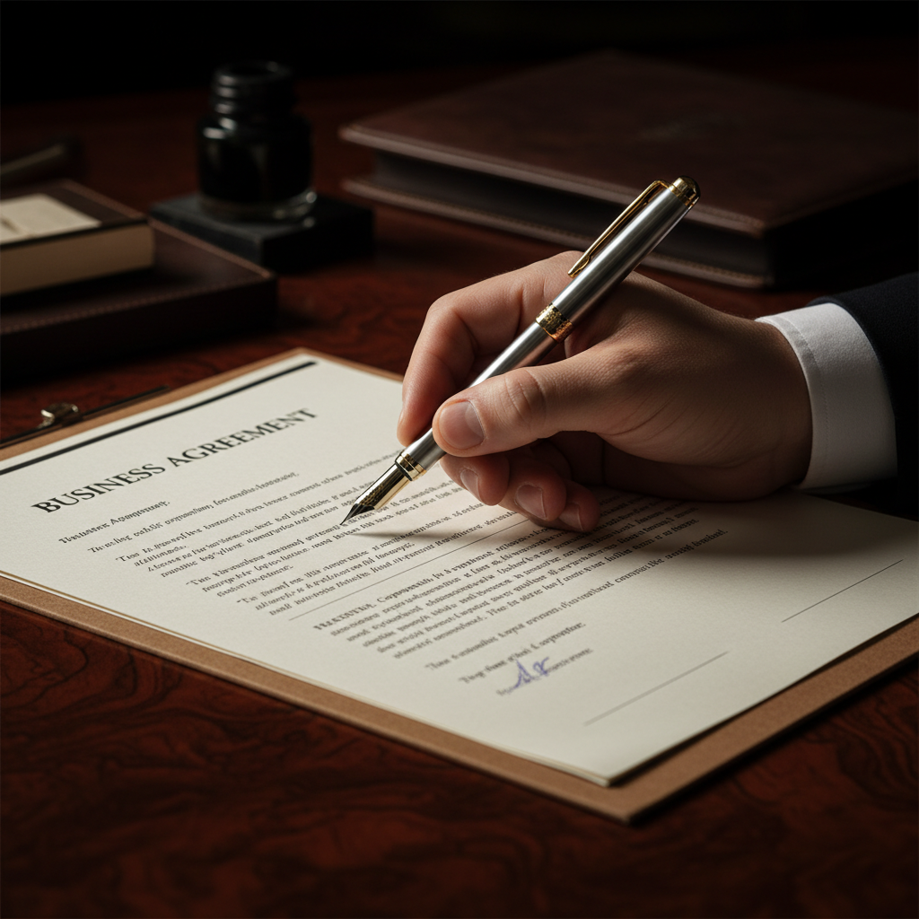 A hand pausing before signing a business contract, symbolizing a moment of due diligence.