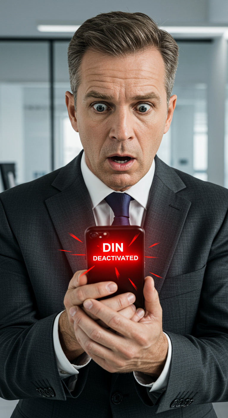 Man in a suit looking shocked at his phone which shows a 'DIN Deactivated' error message.