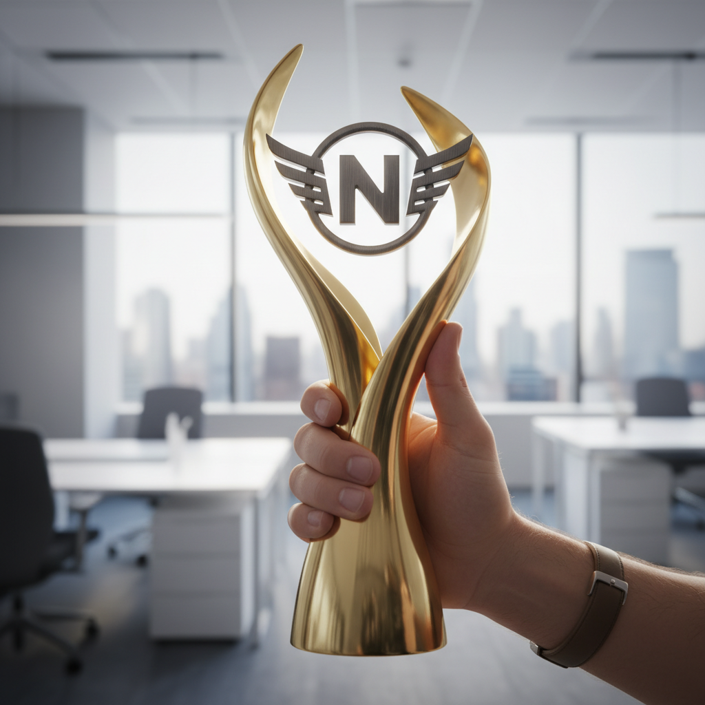 Hand holding a golden trophy representing a successful trademark registration.