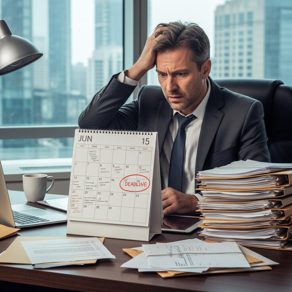 Anxious business person looking at a calendar highlighting the June compliance deadline.