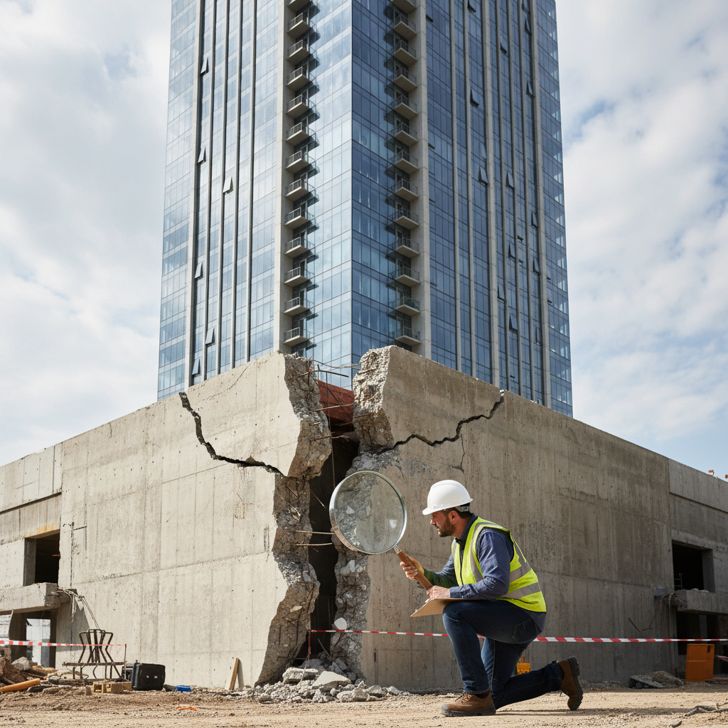 A skyscraper with a cracked foundation symbolizing a business with unaudited financials.