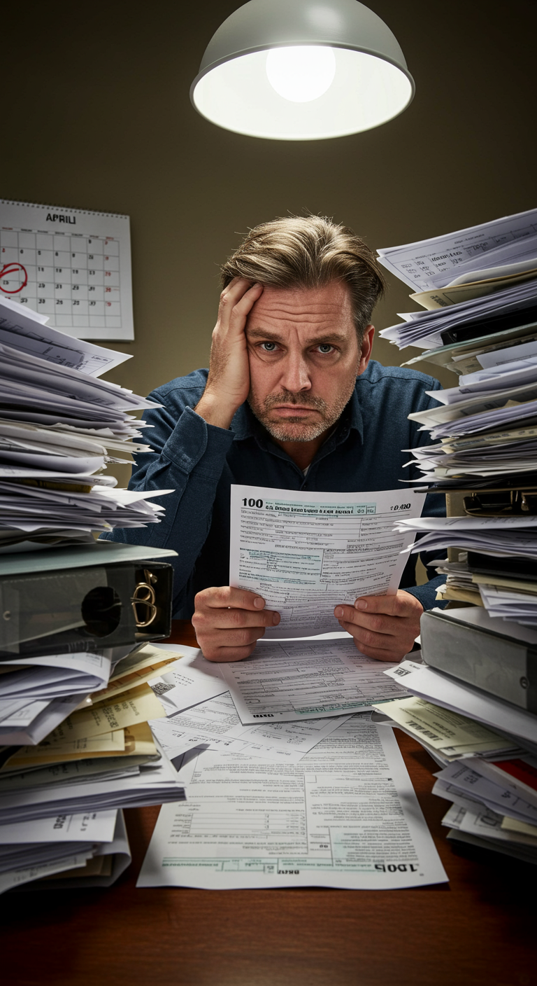 A stressed person surrounded by piles of paper tax forms at their desk.