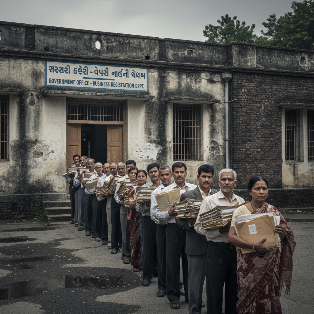 Frustrated people waiting in a long line outside a government office.