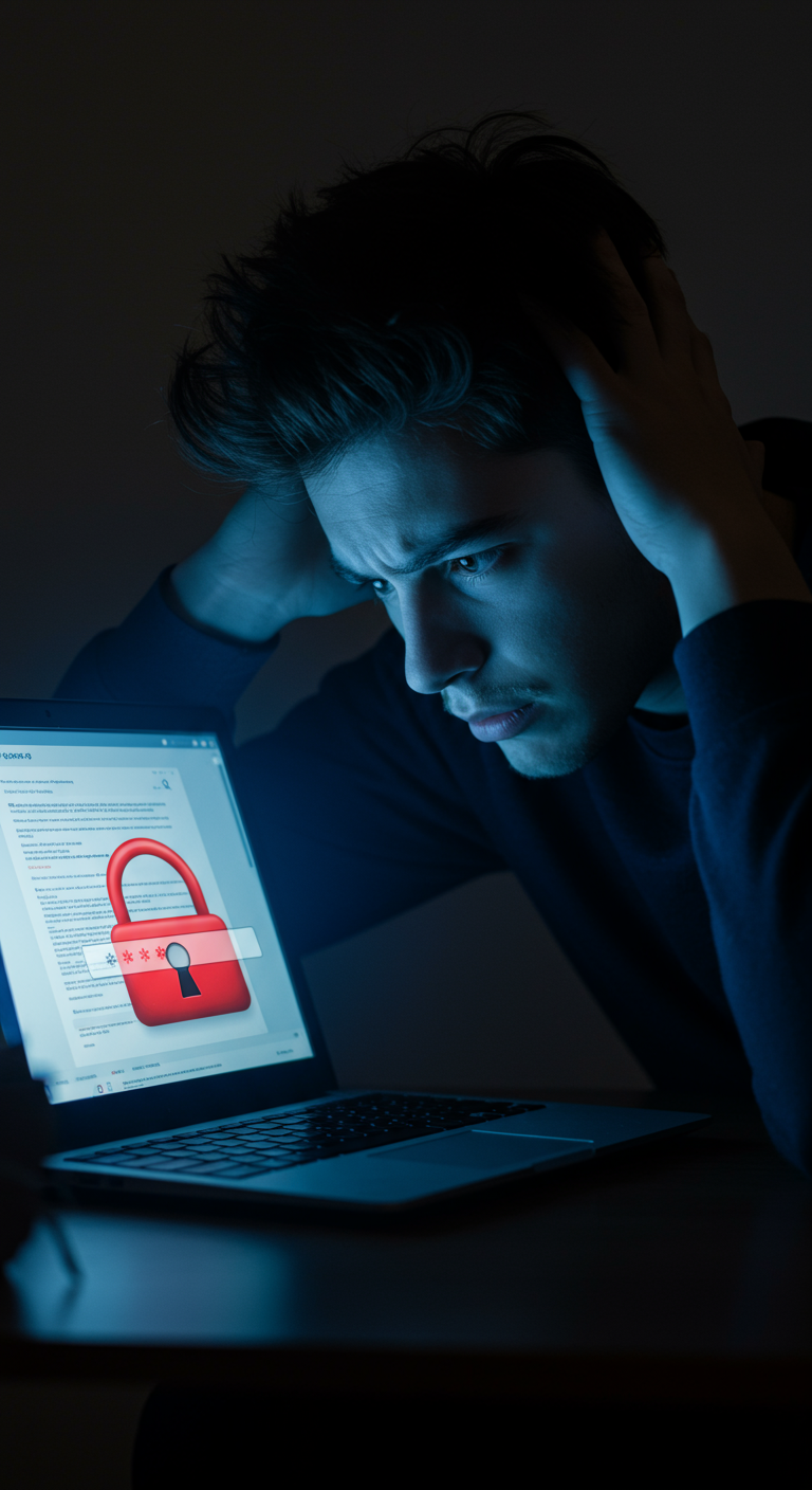 Person looking frustrated at a laptop showing a locked document requiring a password.