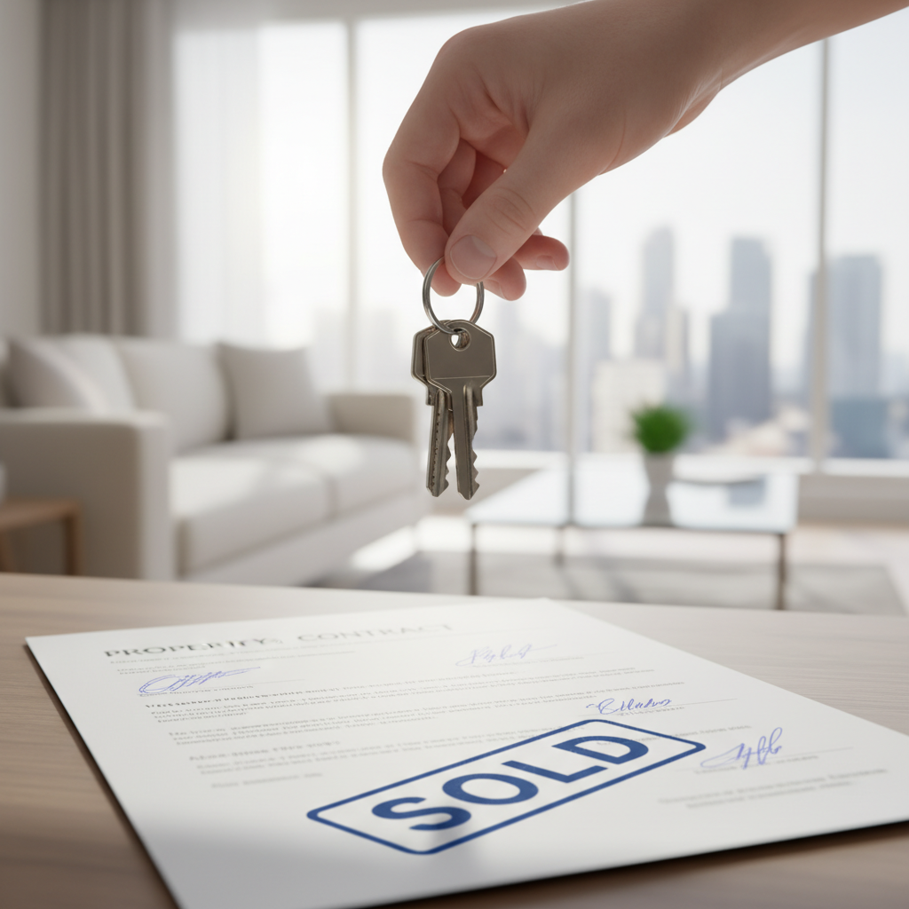 Hand holding house keys over a signed property agreement.