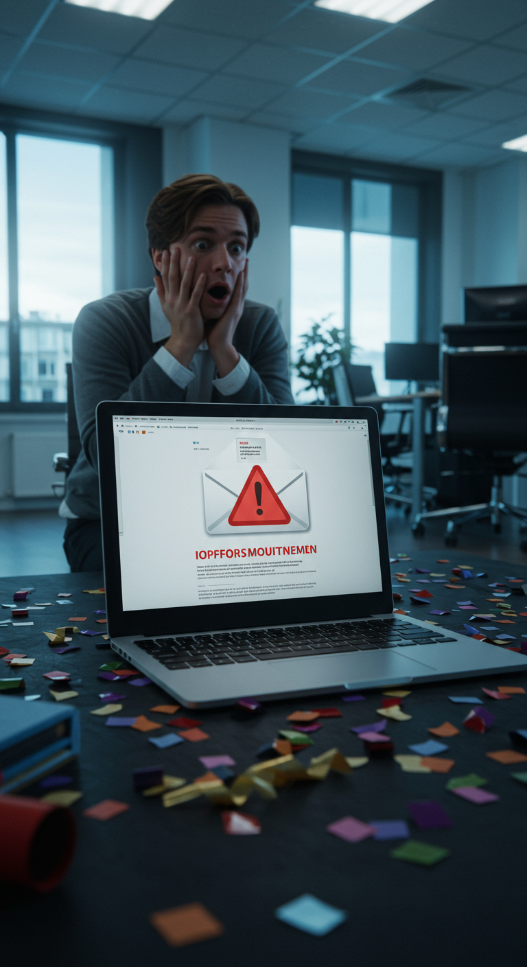 A business professional looks worried while reading a compliance notice on their laptop in a celebratory office setting.