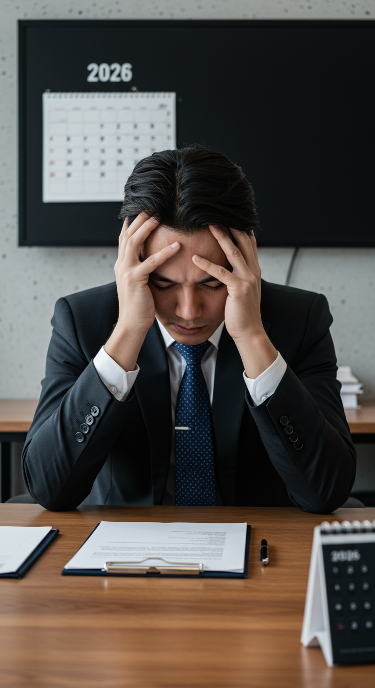 Stressed director reviewing a compliance form in a 2026 office setting.