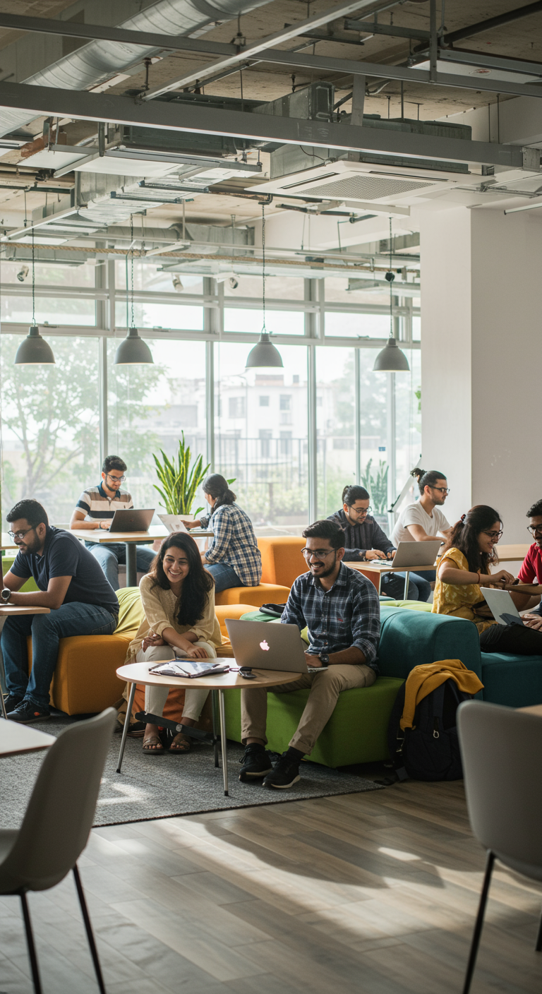 Young Indian freelancers working in a vibrant co-working space.
