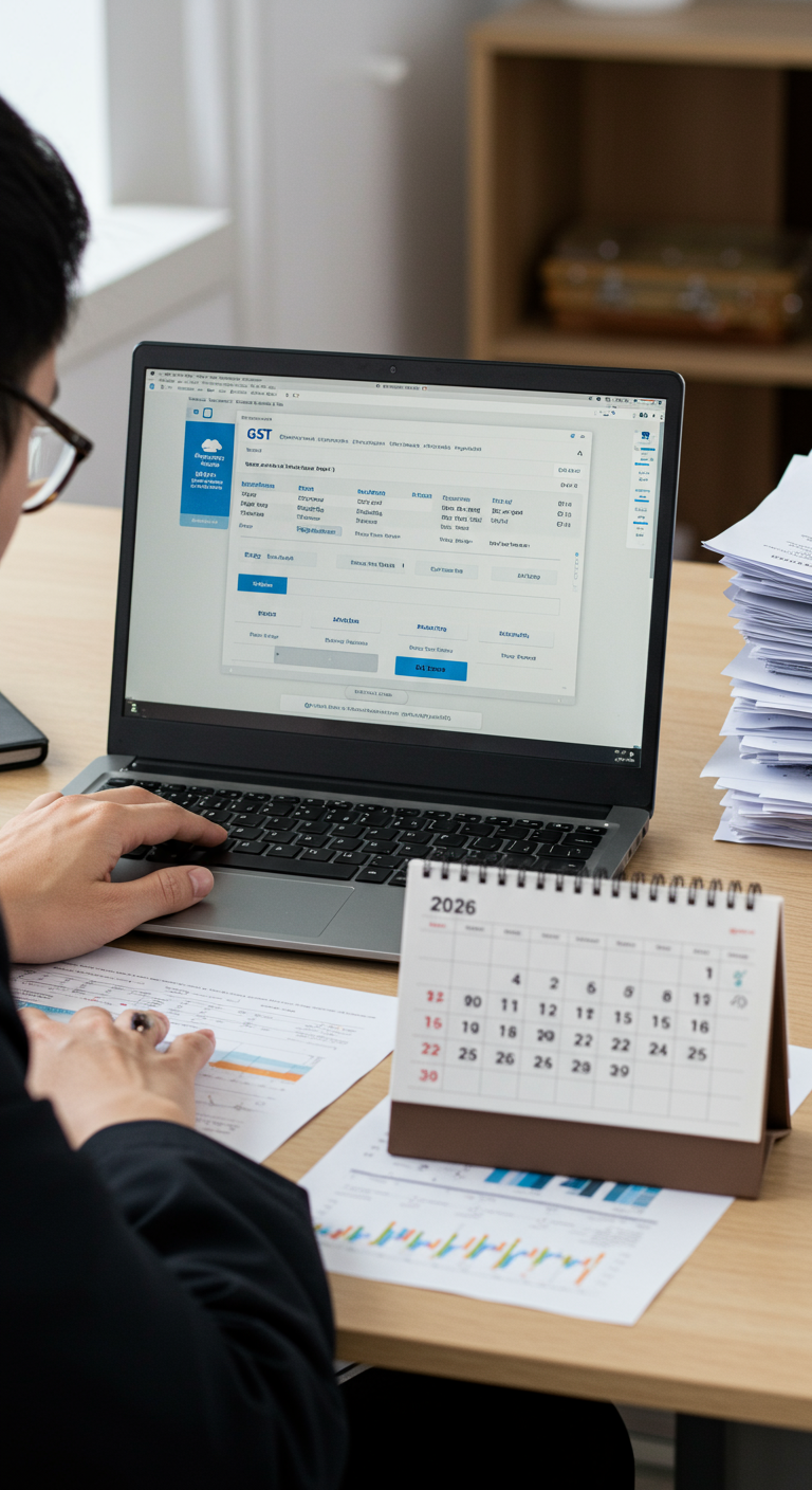Business owner looking confused at GST documents for 2026.