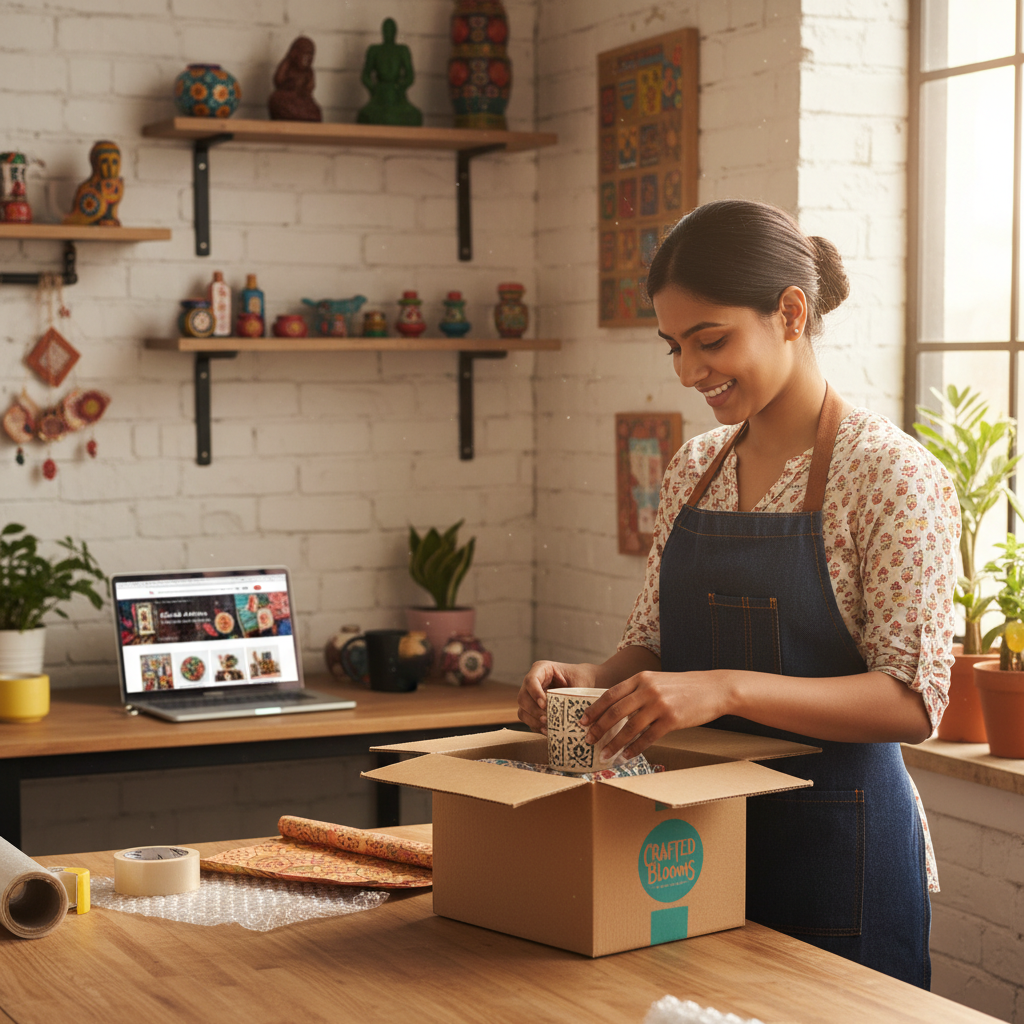 An online seller preparing a package for shipment in their workshop.
