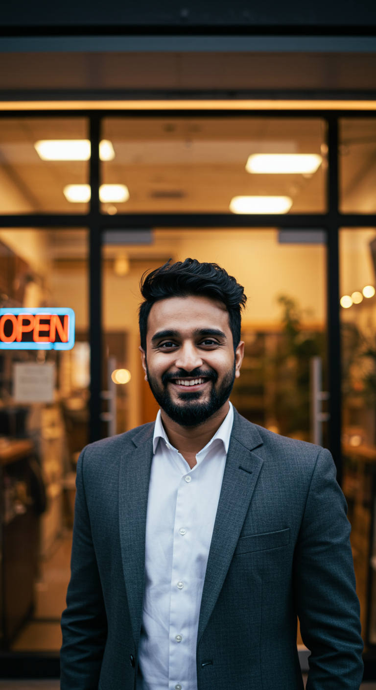 A smiling Indian entrepreneur in front of their new small business.