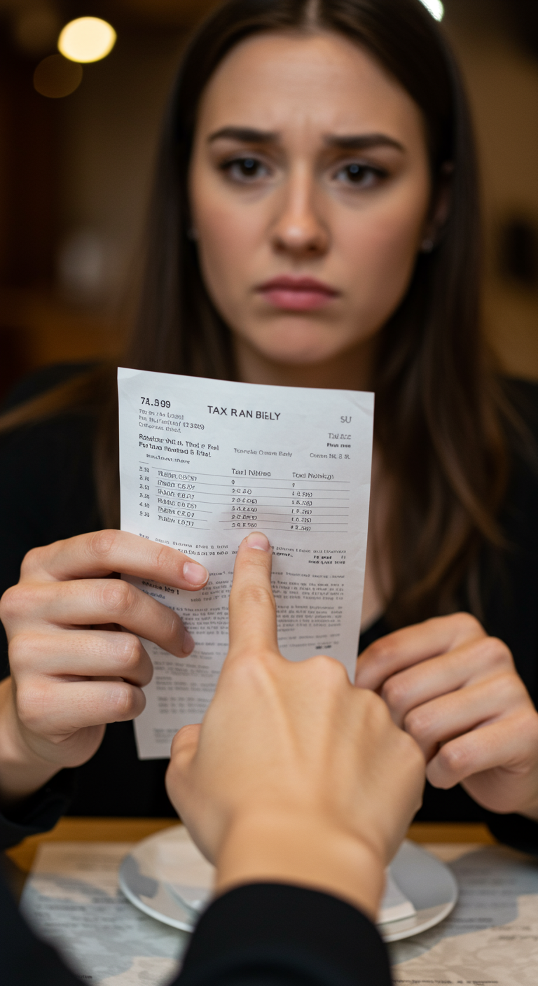 A person looking confused while examining the tax details on a restaurant receipt.