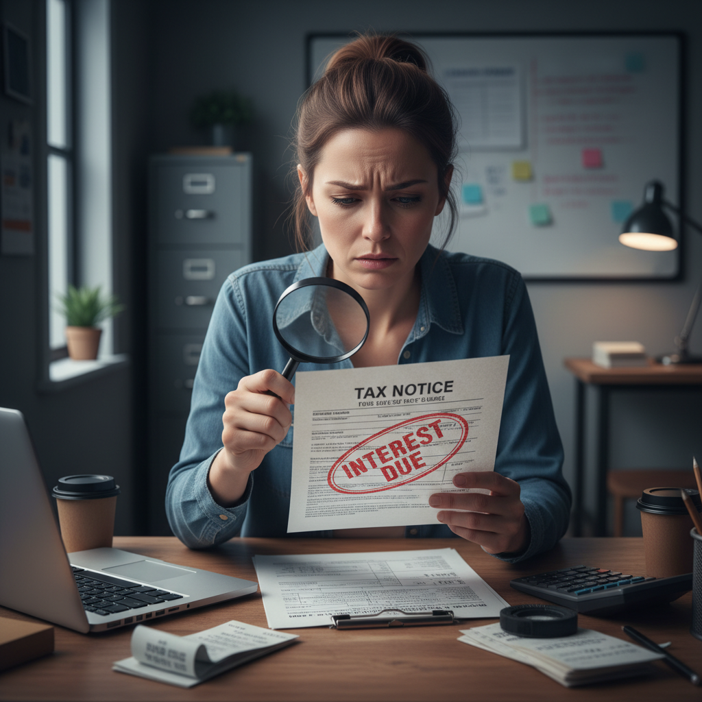 A business owner examining a GST interest notice with concern.