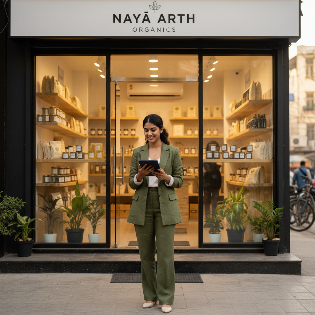 An Indian small business owner standing proudly in their new storefront.