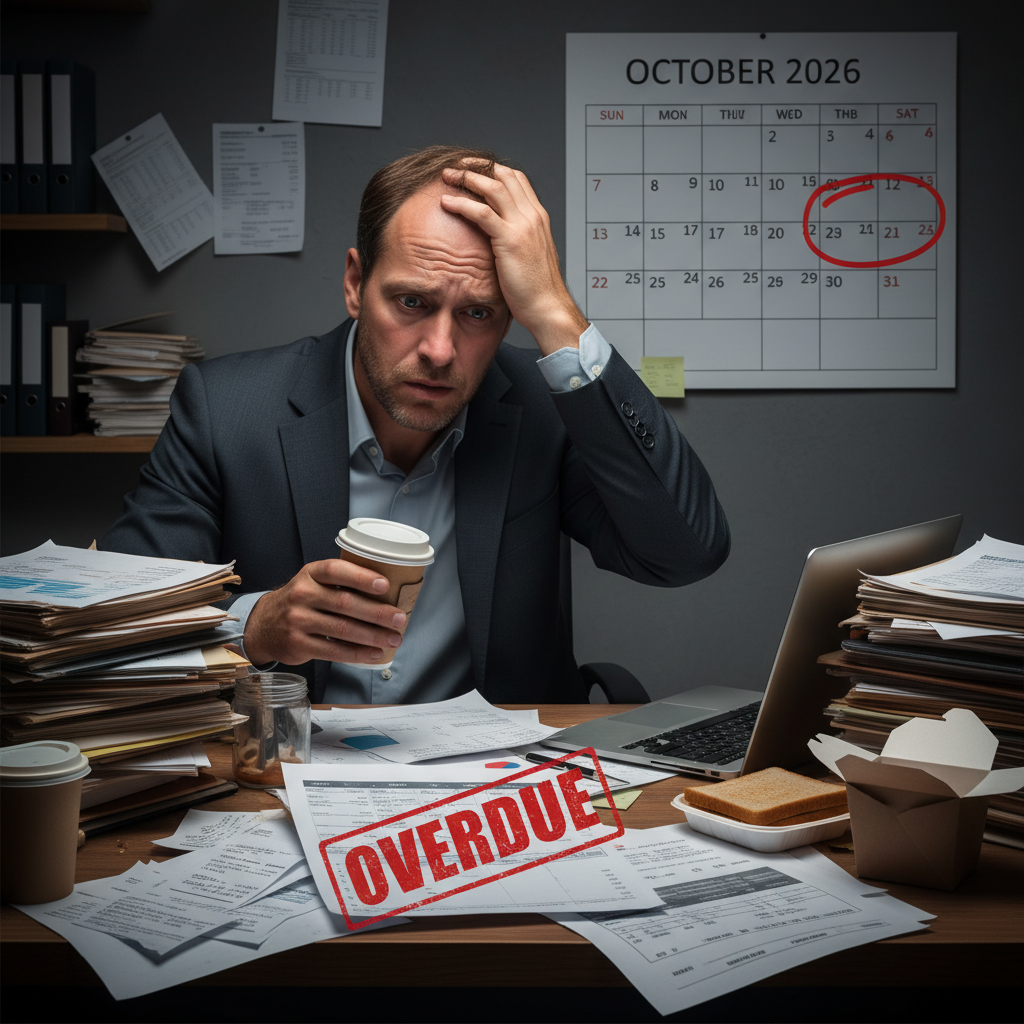 A worried entrepreneur looking at an overdue GST notice on their cluttered desk.