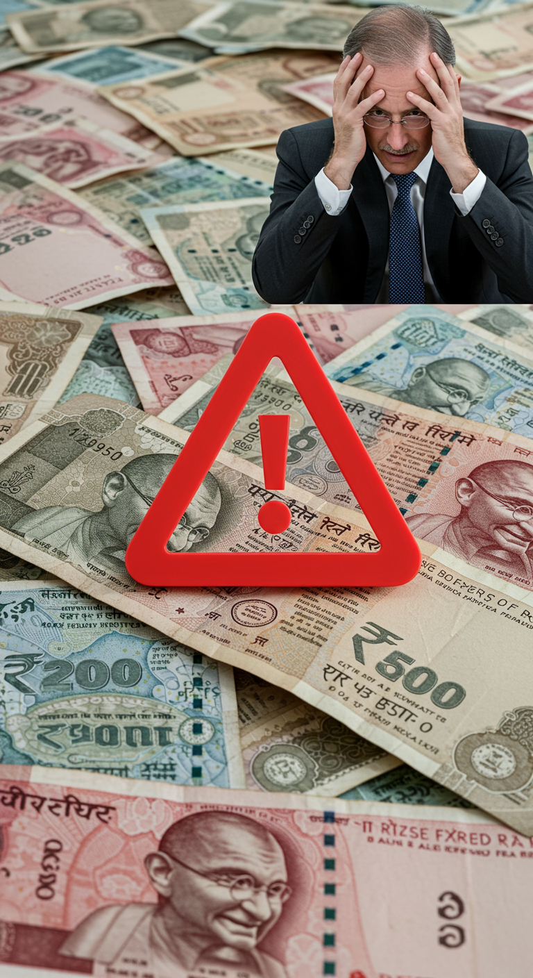 A pile of Indian money with a warning sign, representing a costly business fine for non-compliance.