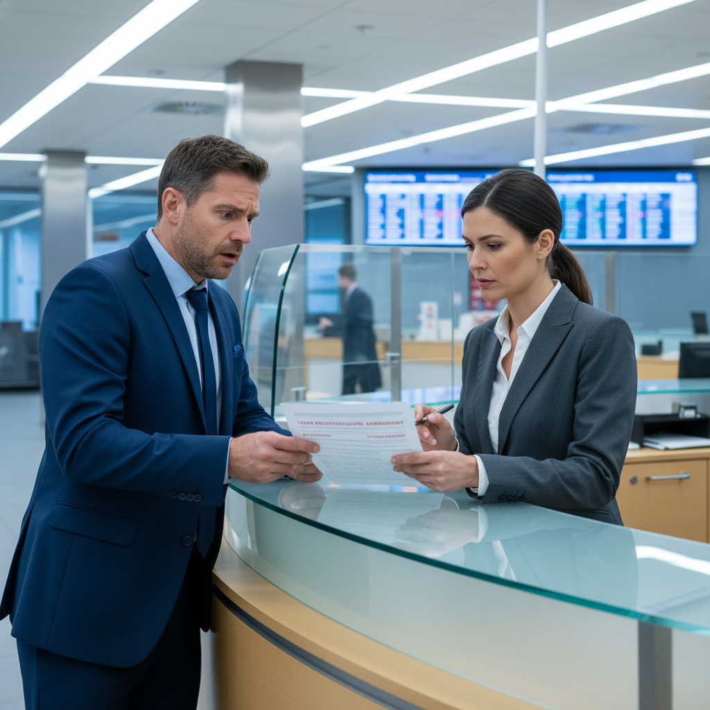 Business owner at a bank counter looking stressed about a required document.