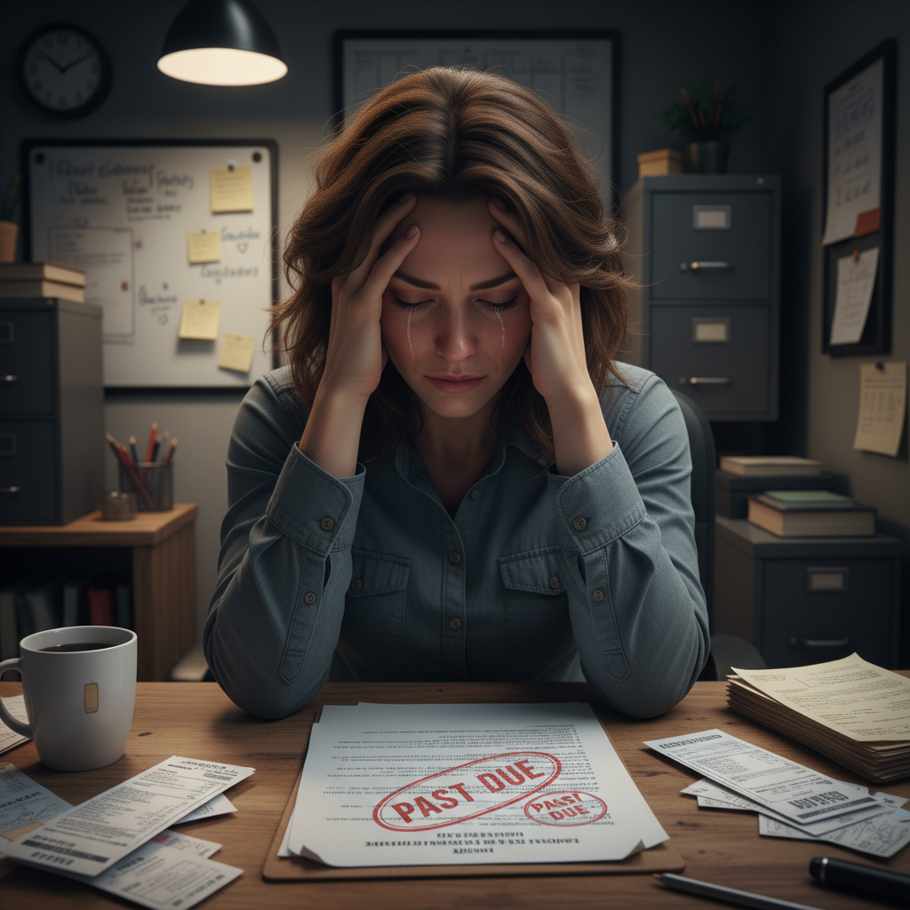 A business owner looking shocked and stressed while reading a cease-and-desist letter in their office.