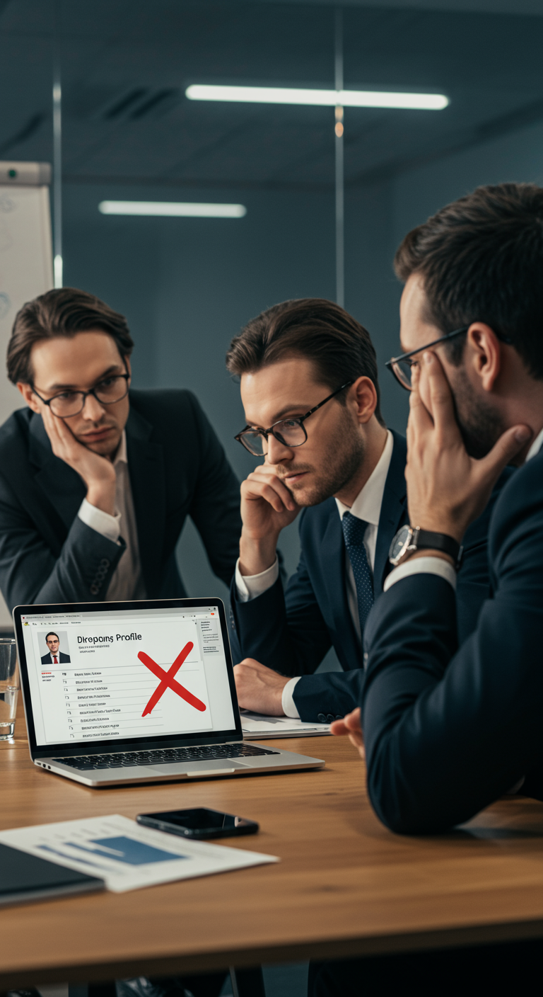 Investors looking concerned at a laptop showing a compliance error during a business meeting.