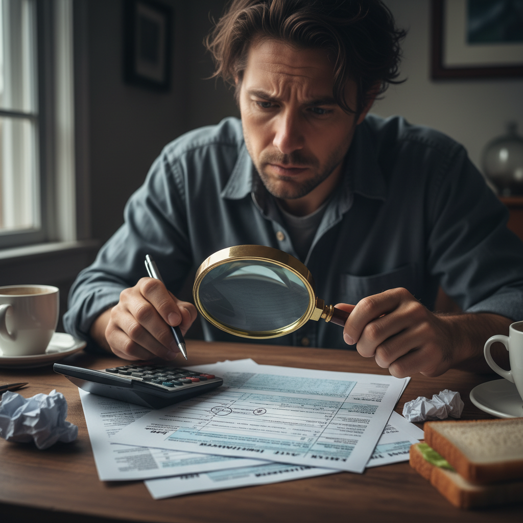A person anxiously reviewing tax documents under a magnifying glass.