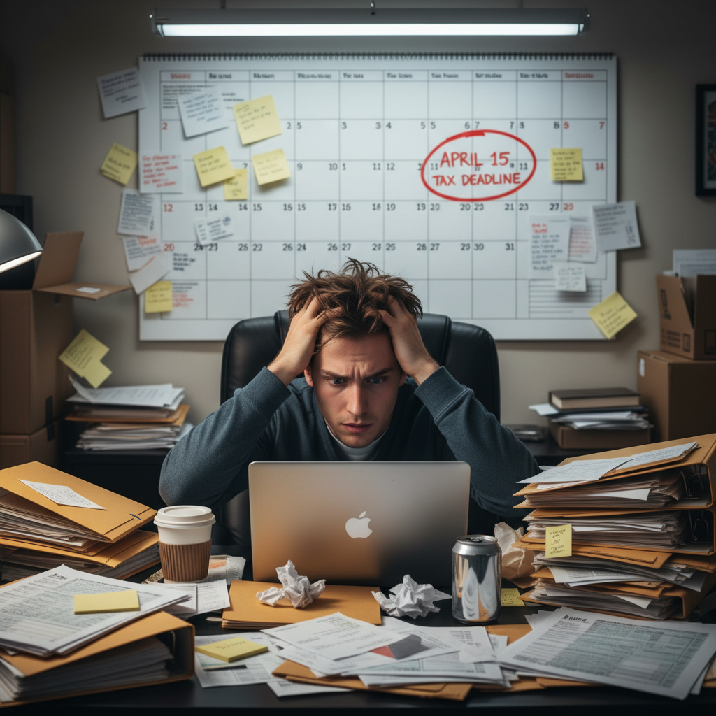 A stressed individual at a cluttered desk worried about the upcoming tax deadline circled on a calendar.