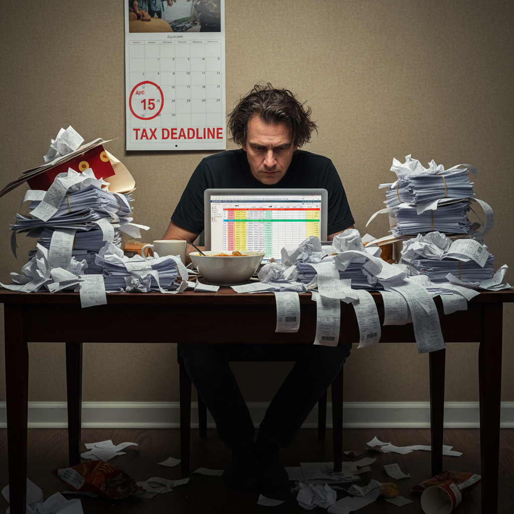 A person overwhelmed by tax paperwork and receipts at their desk.