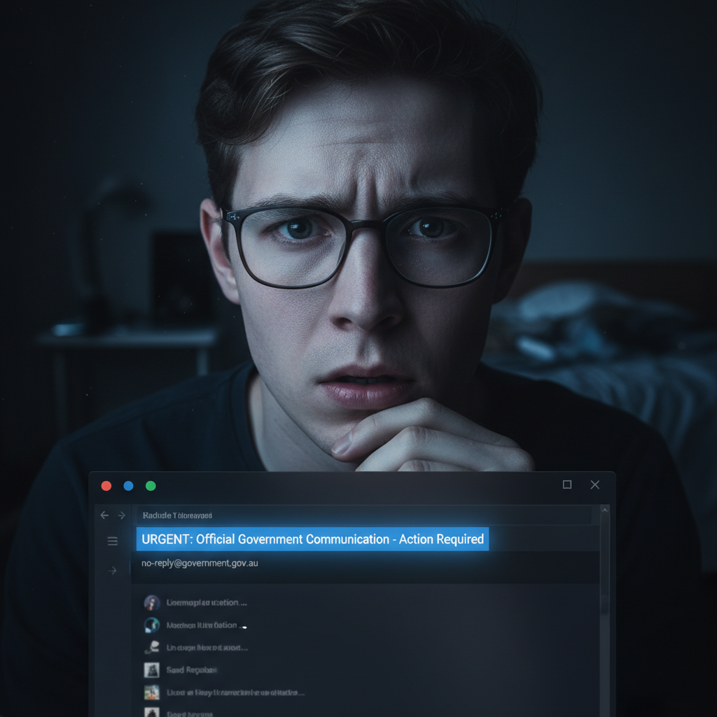 A person looking worriedly at their computer screen displaying an income tax notice email.