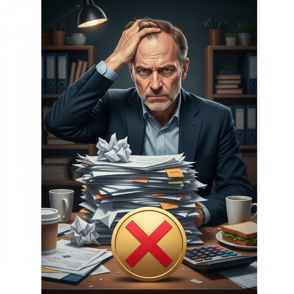 A concerned business owner reviewing financial documents, symbolizing the stress of incorrect tax payments.