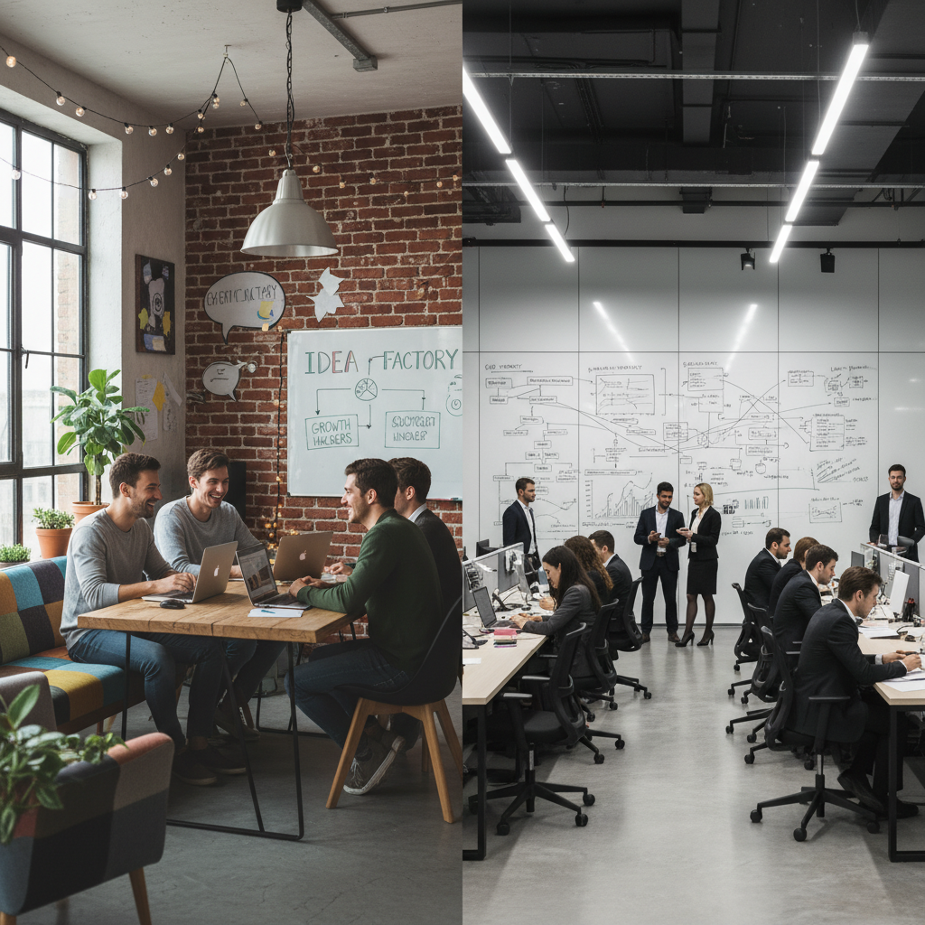 A visual comparison of a small business versus a large, complex one, highlighting growth.