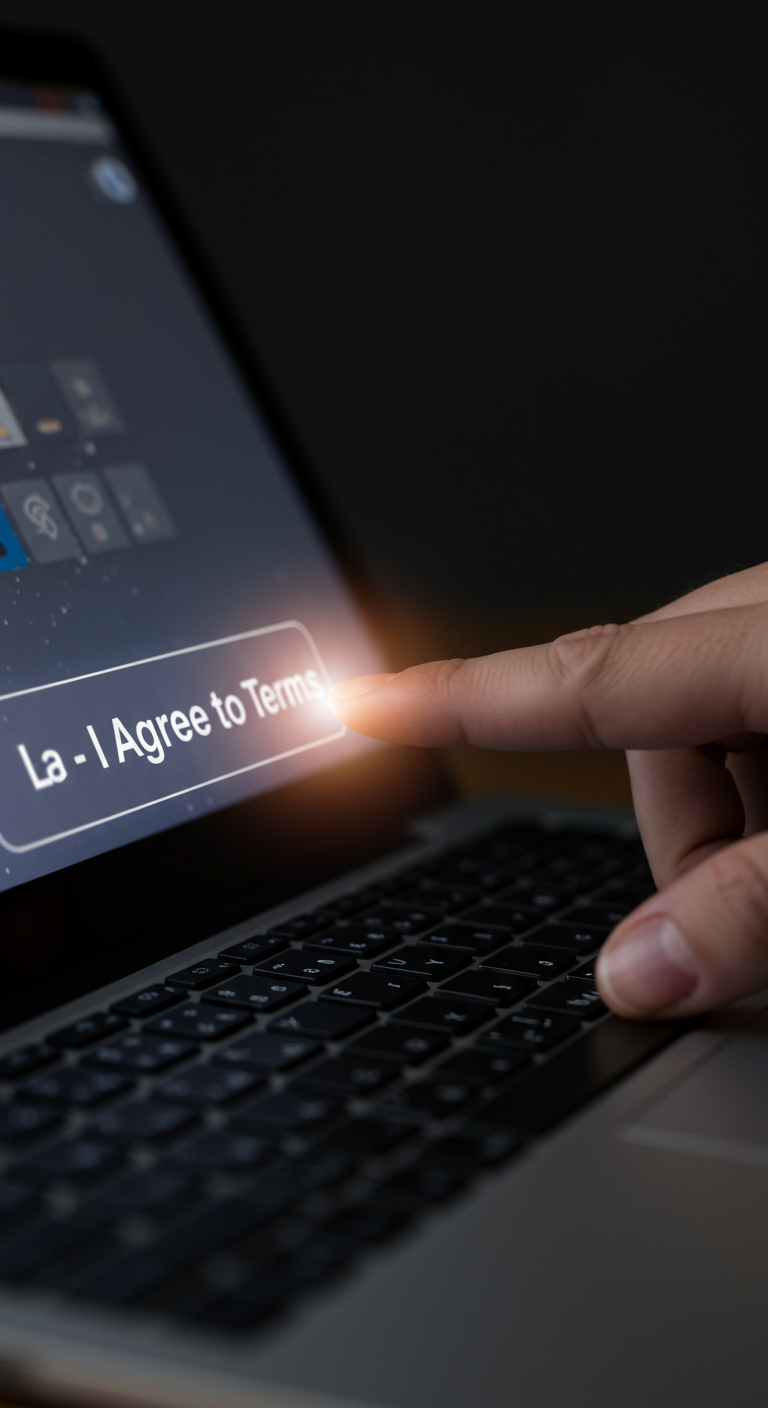 Finger about to click an 'I Agree' button on a laptop.