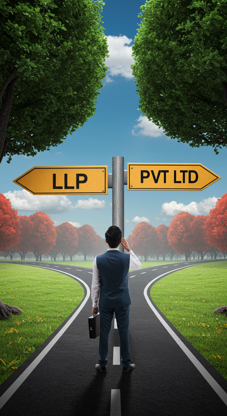 An entrepreneur at a crossroads, deciding between an LLP and a Pvt Ltd path for their new business.