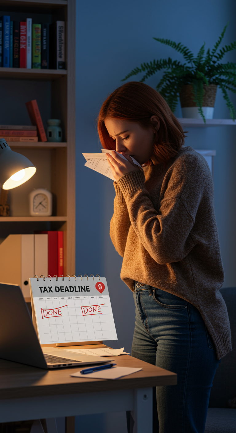 A person looking relieved after completing their online tax payment on a laptop.
