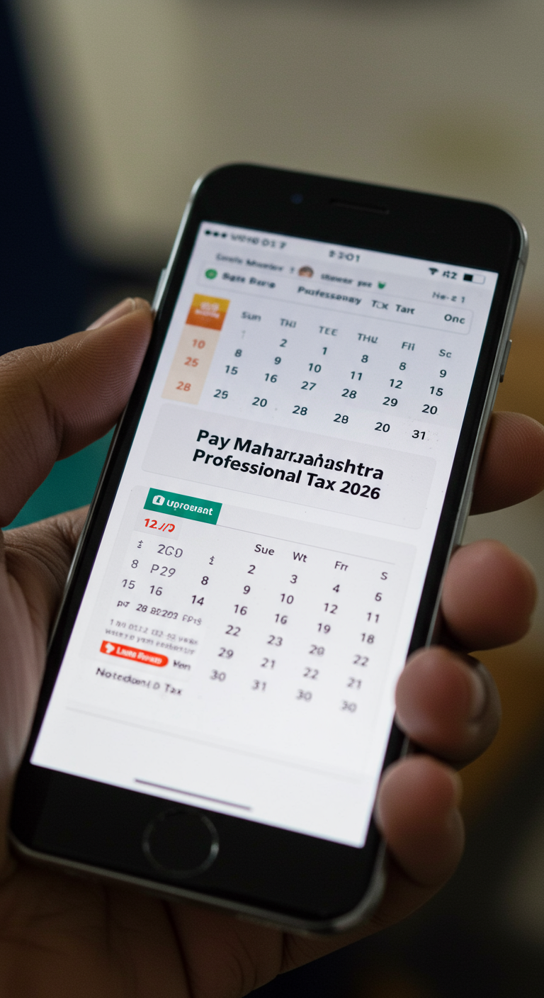 A smartphone displaying a reminder to pay Maharashtra Professional Tax for 2026.