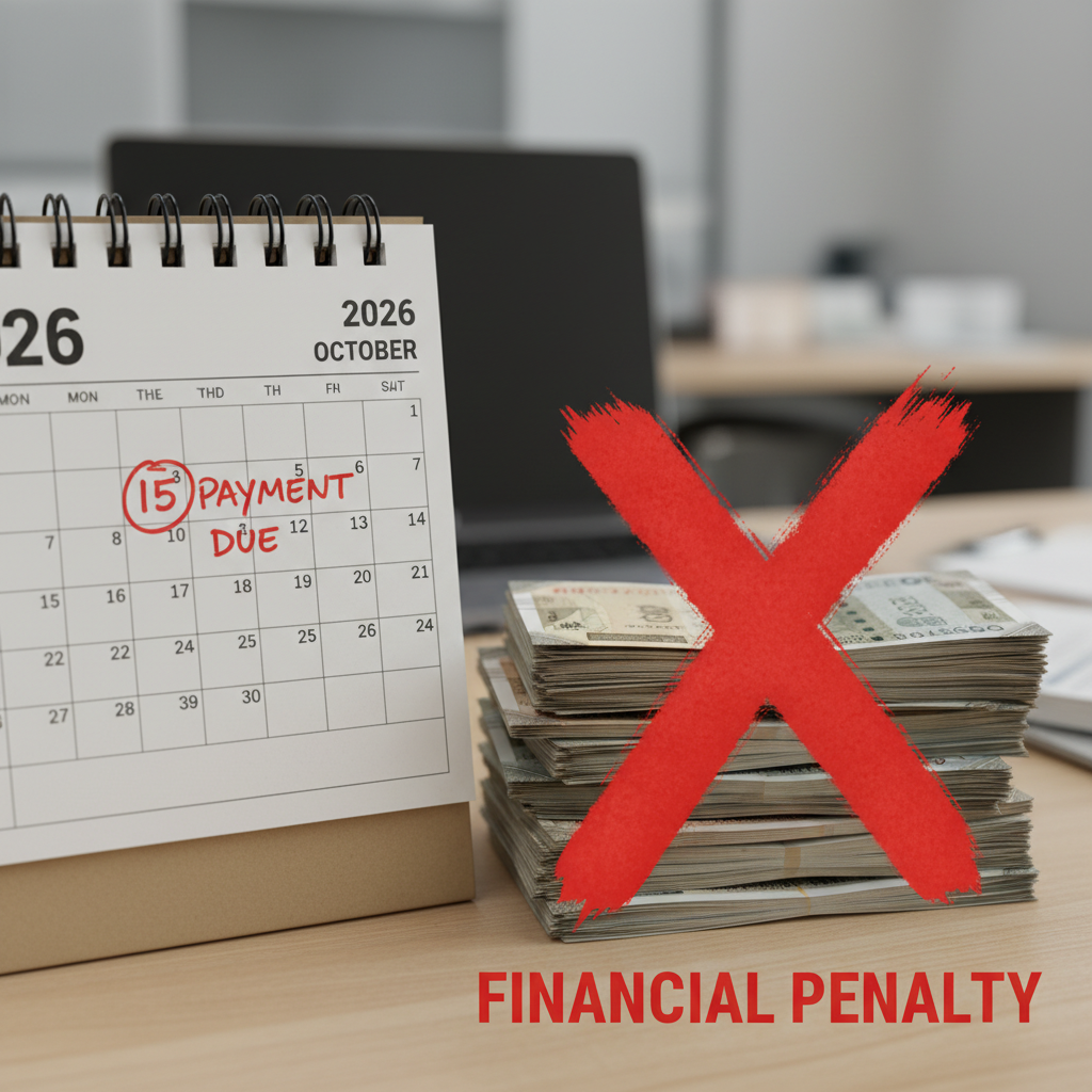 A calendar showing a missed deadline next to a pile of money with a cross on it, representing a financial penalty.