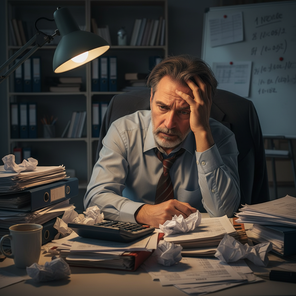 A business owner looking worried while reviewing a large pile of financial documents and invoices.