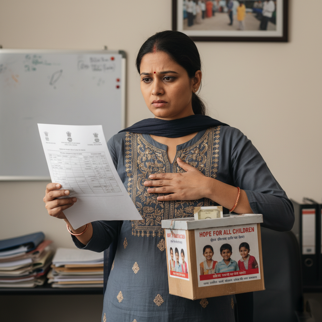 A person holding a donation box looks concerned while reading a tax form.