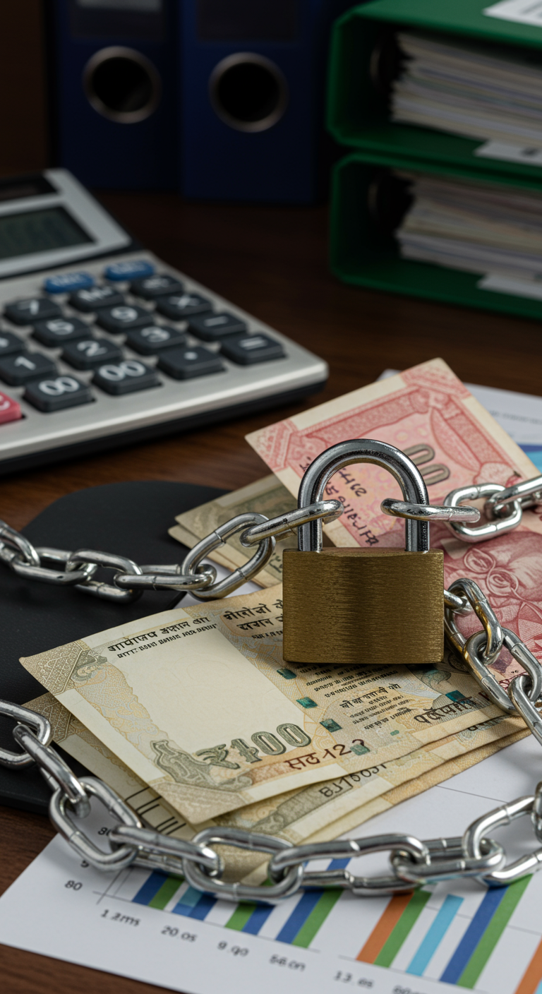 Indian currency locked with a chain, symbolizing business capital blocked by the GST system.