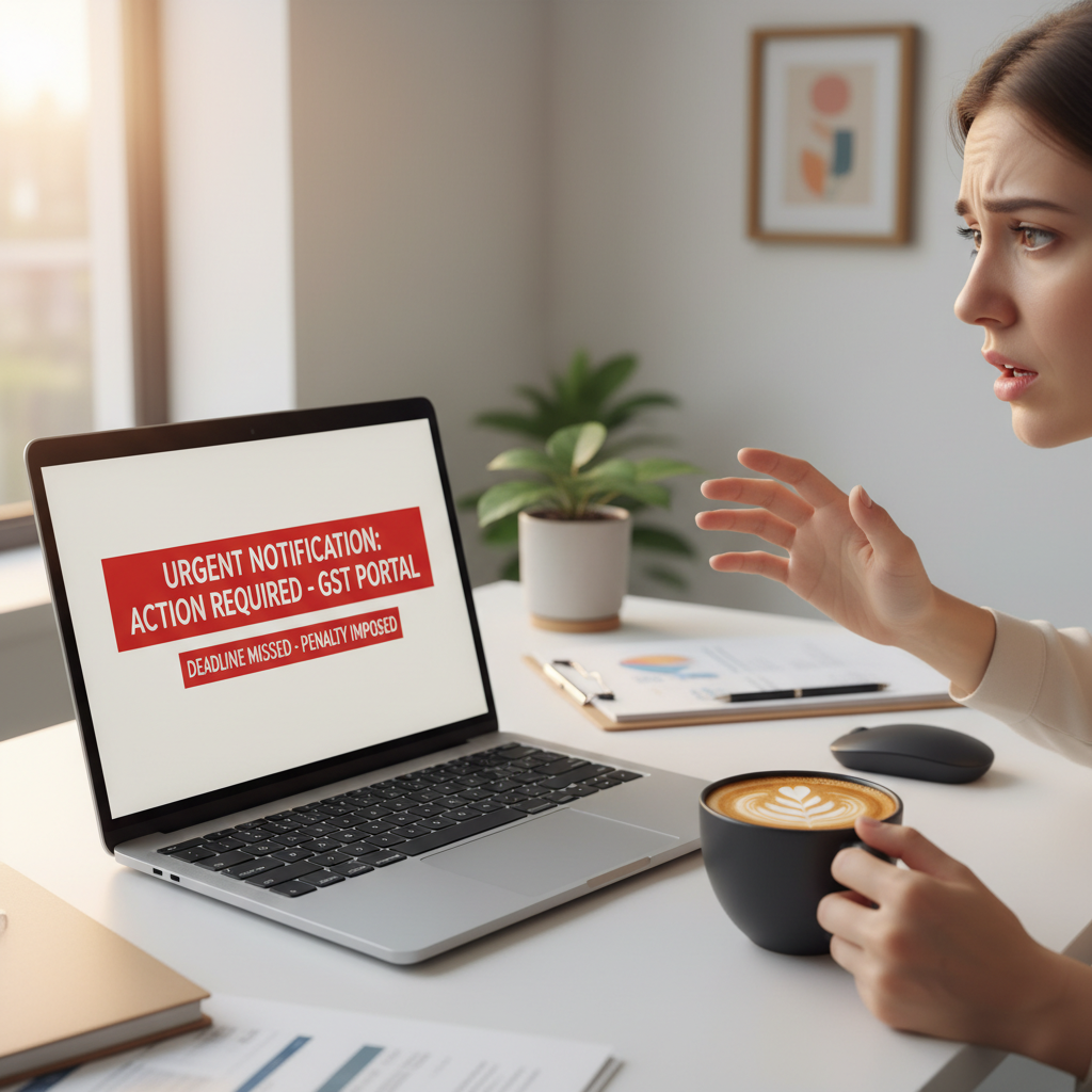 A business owner looking concerned at a GST mismatch notification on their laptop screen.